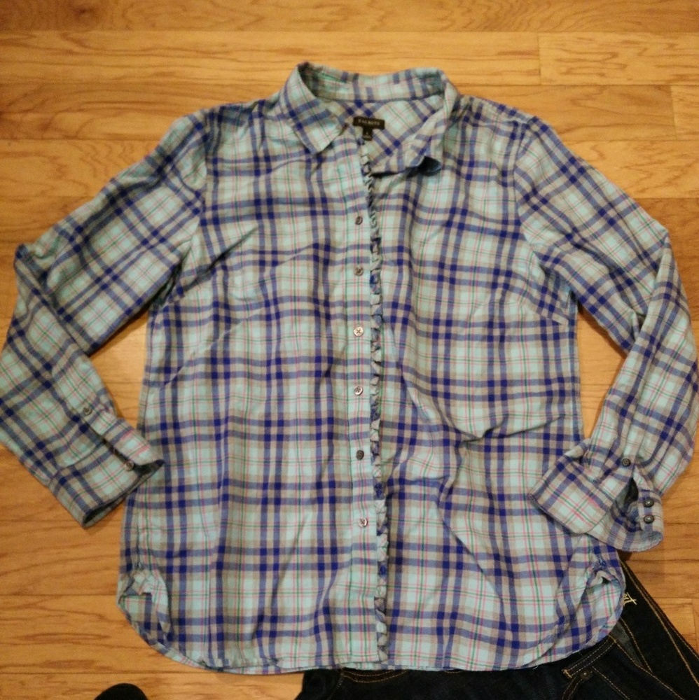 Talbots Plaid Ruffle Front Button Down Blouse - Picture 2 of 5
